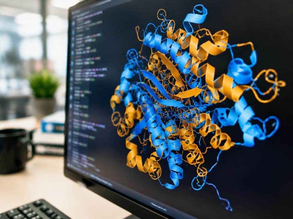 En proteinstruktur visualiseras som ett banddiagram. AlphaFolds modeller jämförs direkt med experimentella strukturer.