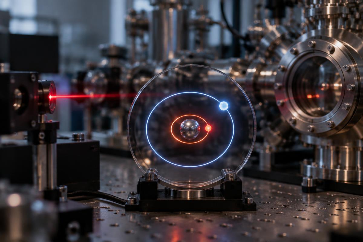 Precisionslaboratorium med en tydligt mindre, tätnare bana kring en kärna – symbol för en myon som kretsar nära en proton