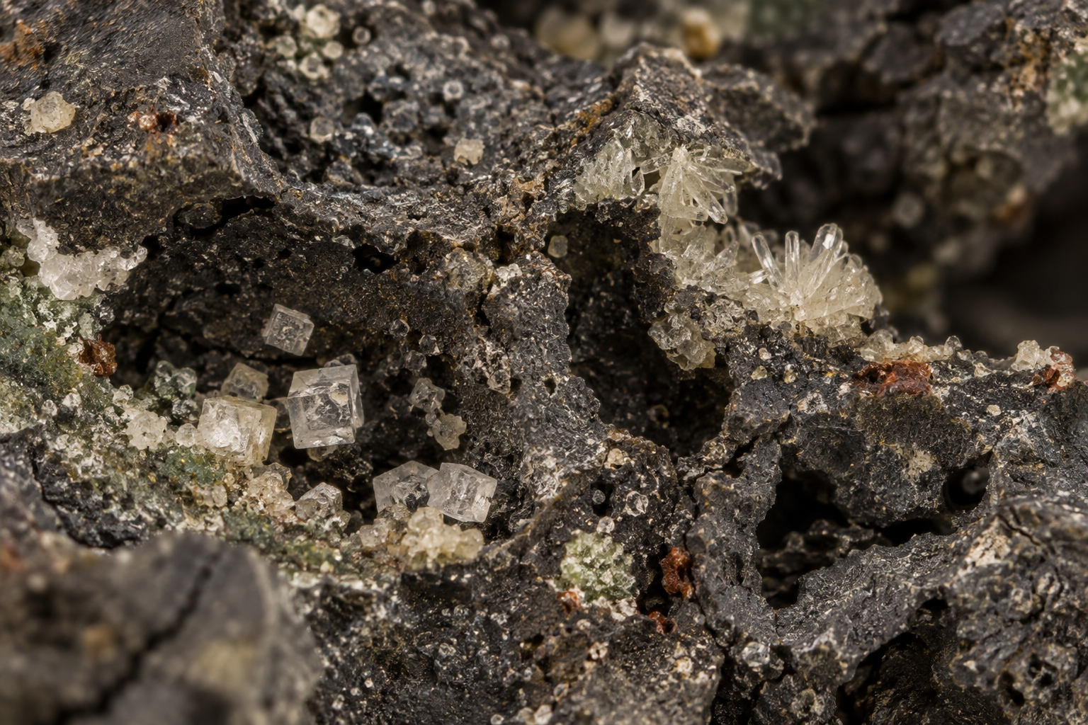 Illustration av saltutfällningar i poröst asteroidmaterial, inte en avbildning av ett enskilt analyserat korn. Bennus salter vittnar om en forntida saltlösning i moderkroppen, men är inte bevarade droppar av det ursprungliga vattnet.