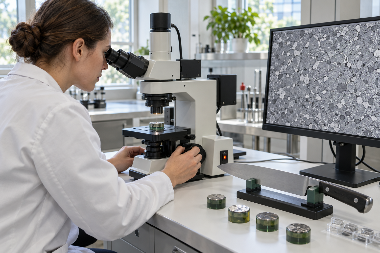 Stålets mikrostruktur påverkas både av legeringen och av värmebehandlingen. Illustrerad laboratoriescen: metallografisk undersökning kan visa hur karbider är fördelade i stålet, men avgör inte ensam knivens prestanda.