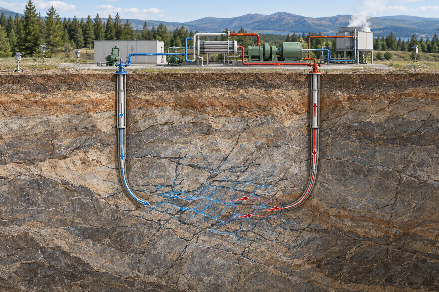 Principillustration av ett förstärkt geotermiskt system, med djupet komprimerat. Vatten transporterar värme genom sprickor mellan borrhålen; flödesmotstånd och avkylning påverkar hur mycket energi som kan utvinnas.