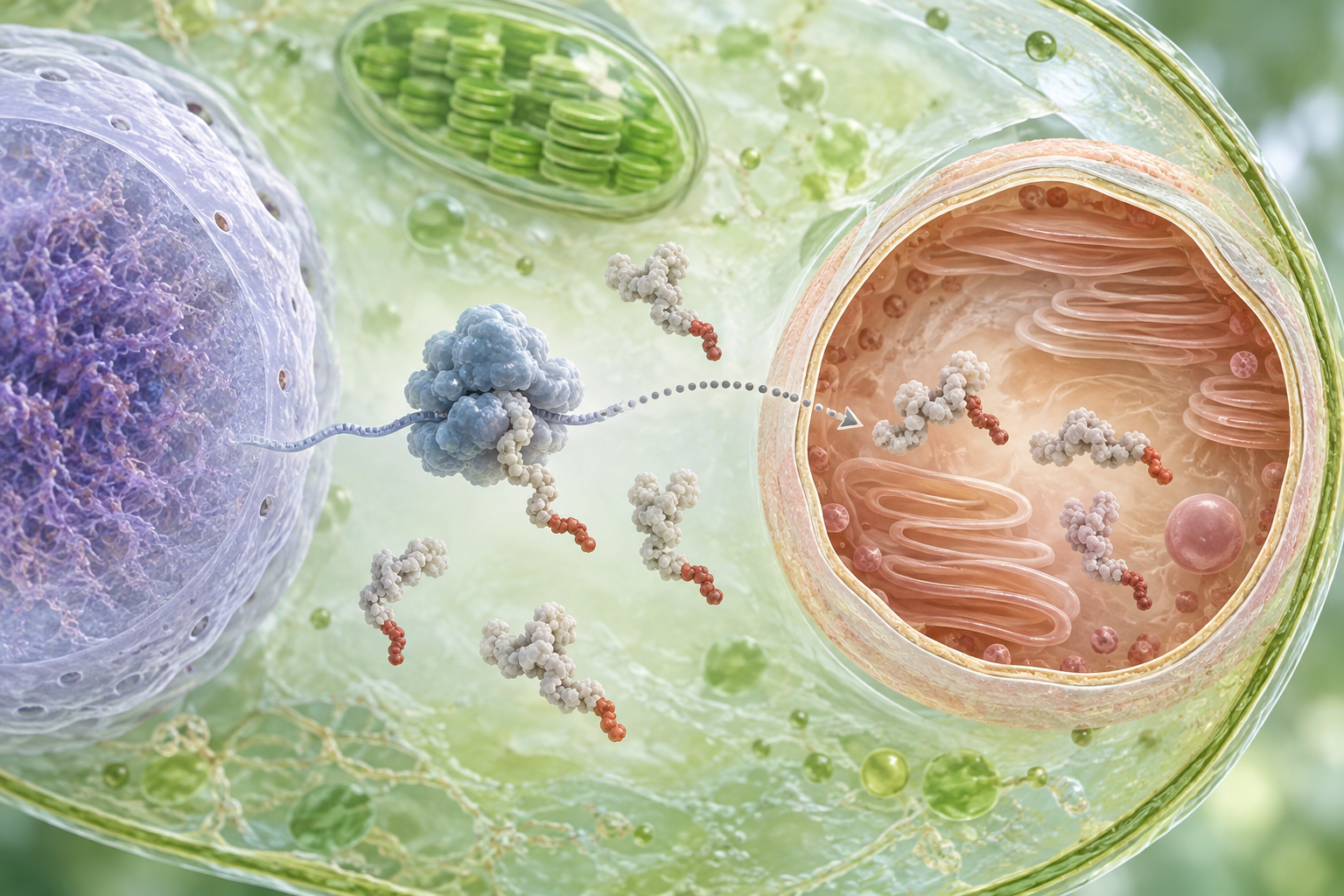 Starka belägg för import av proteiner som kodas i värdcellens kärna är centrala för slutsatsen att UCYN-A2 är en organell. Illustrationen visar principen; transportmaskineriet genom membranen är ännu inte fullständigt kartlagt.
