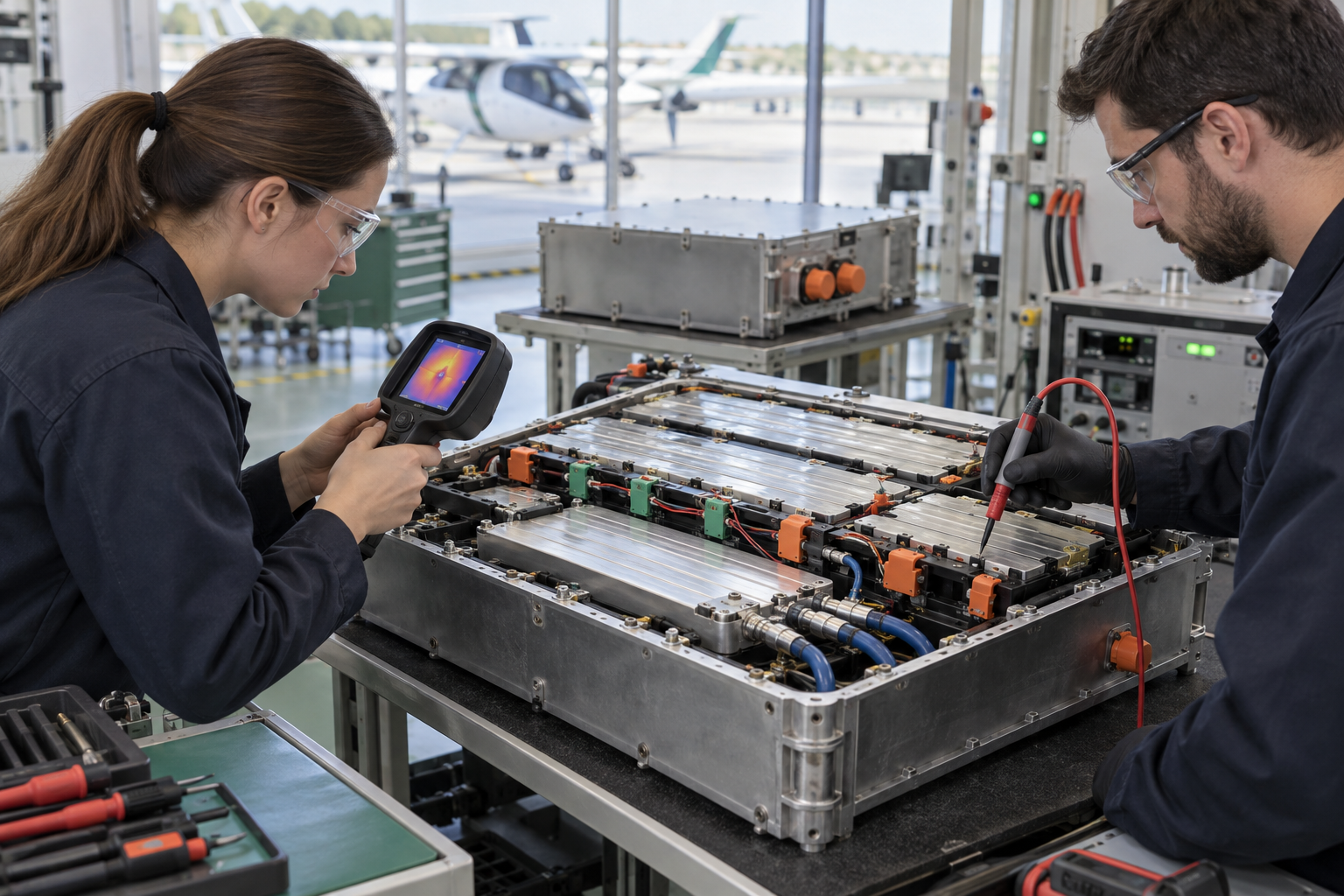 Illustration av provning av ett flygbatteri. Temperaturkontroll, hög effekt vid vertikal start och batteriets åldrande påverkar både säkerhetsmarginalerna och hur tätt turerna kan köras.