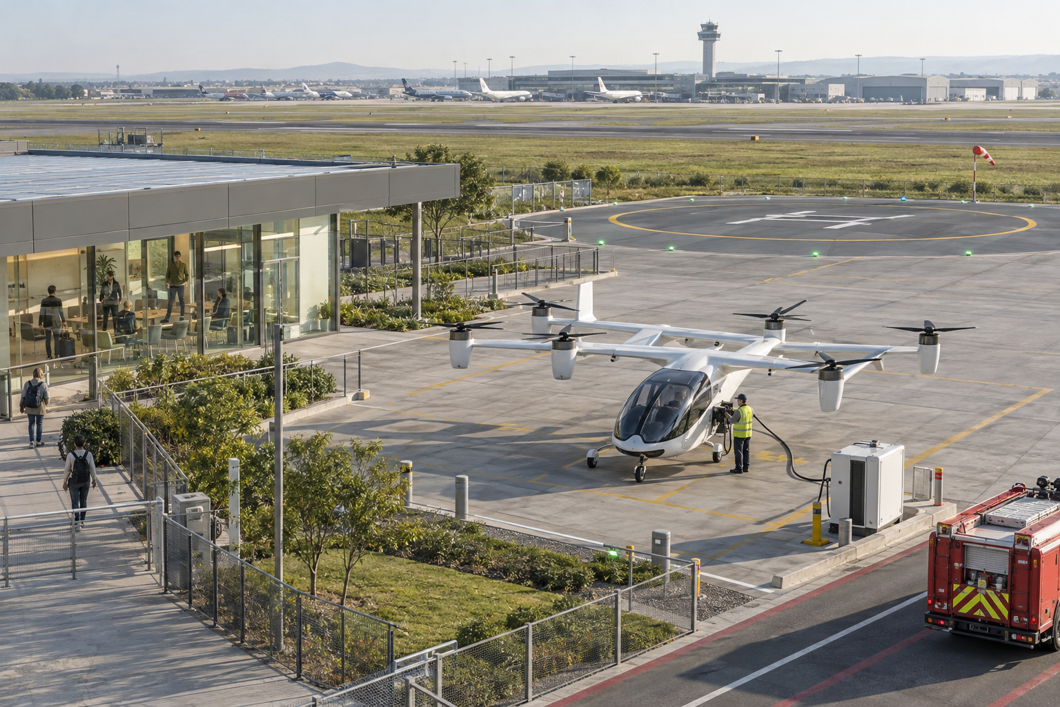 Illustration av en möjlig mindre vertiport med laddning, passagerarhantering och avskilda flygytor. De första tjänsterna väntas knyta samman särskilda startplatser snarare än erbjuda resor från valfri adress.