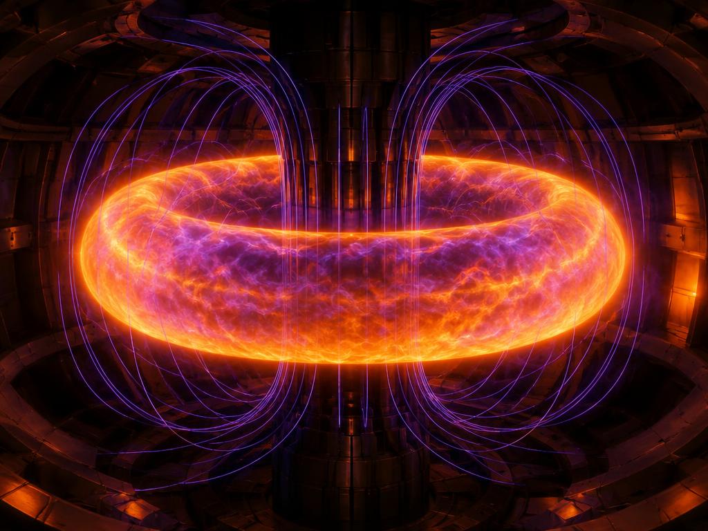 Konstnärlig visualisering av ett fusionsplasma i en tokamak. Magnetfälten håller det hundratals miljoner grader varma plasmat svävande utan väggkontakt.