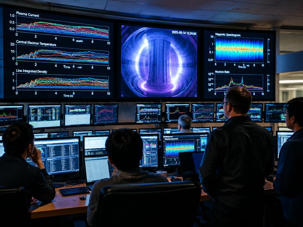 Kontrollrum under ett fusionsexperiment. Varje urladdning ger forskarna miljontals mätpunkter om plasmans beteende.