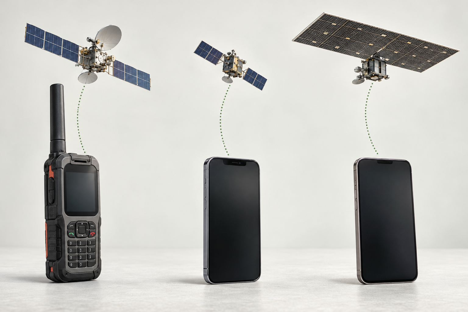 Tre tekniska vägar: en särskild satellittelefon, en smartmobil med inbyggda satellitfunktioner och direct-to-cell med mobilens vanliga radio. Schematisk illustration; apparater och satelliter visas inte i gemensam skala.