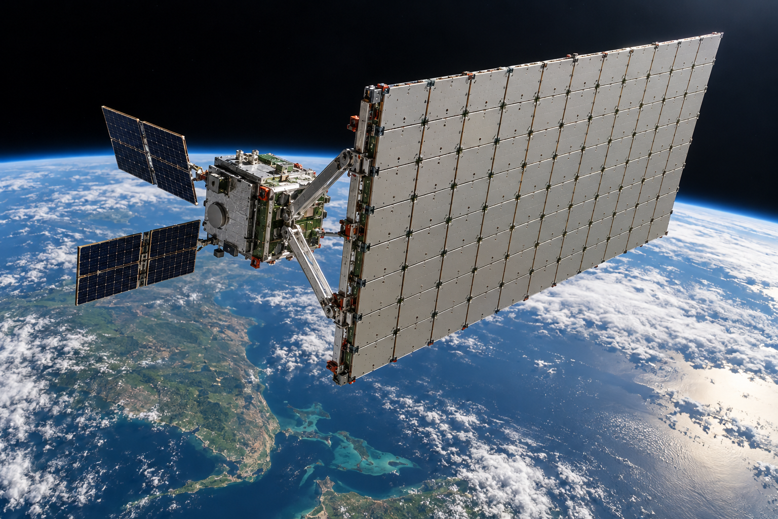 Stora antenner på satelliten kan fånga upp de svaga signalerna från en vanlig mobil. Korta meddelanden kräver mindre kapacitet än tal och video, men även de behöver en fungerande radiolänk. Illustrationen visar en principiell satellitkonstruktion.
