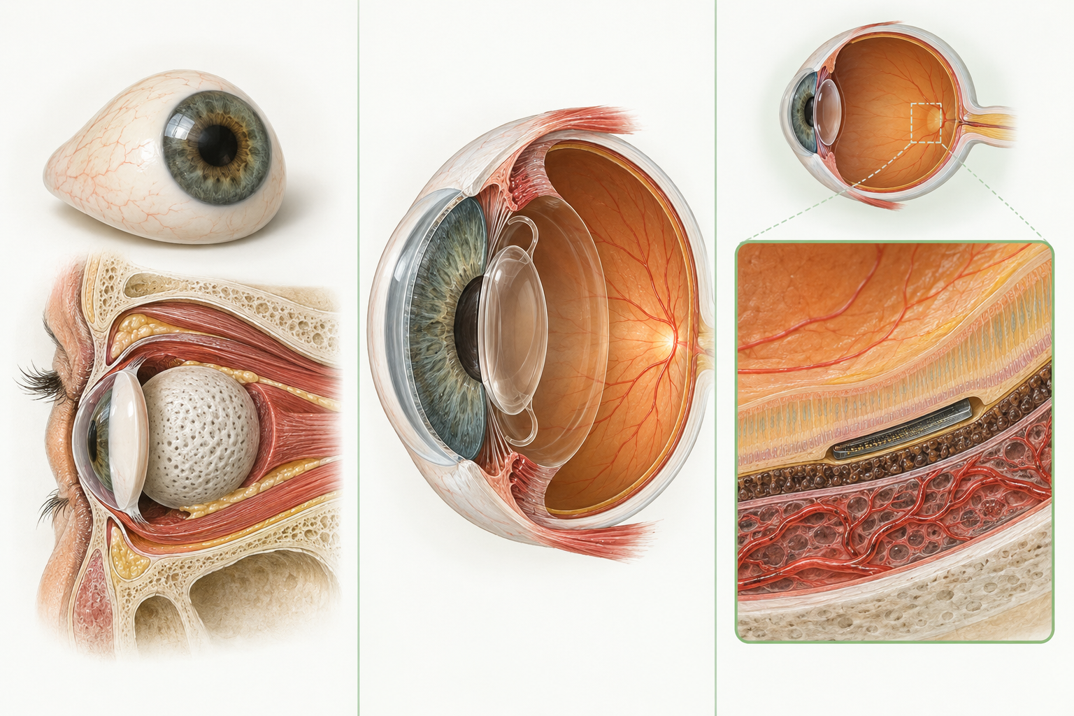 Ögonprotesen ersätter utseende och volym, den konstgjorda linsen ersätter ljusbrytning och näthinneimplantatet försöker tillföra syninformation genom nervstimulering. Medicinsk illustration; näthinneimplantatet är förstorat och är inte rutinbehandling.