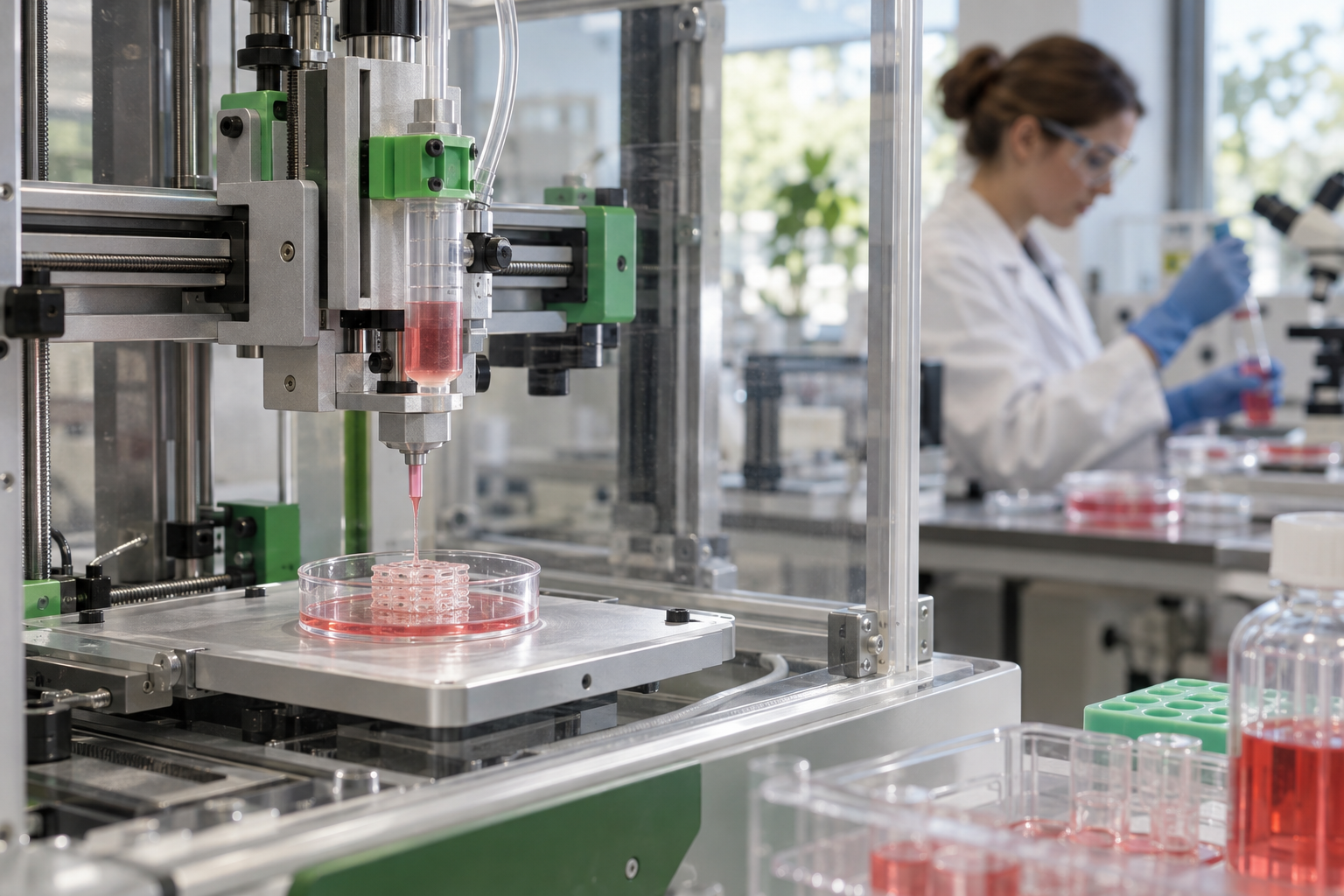 Bioprintning kan placera celler och stödmaterial i små tredimensionella strukturer. Illustration av laboratorieforskning: ett fungerande kärlnät är fortfarande ett centralt hinder för tjockare vävnad.