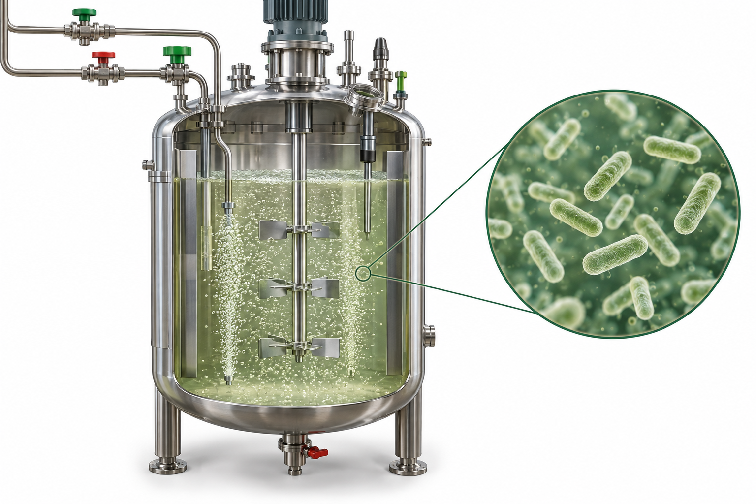 I bioreaktorn bygger bakterier ny biomassa av tillförda råvaror. Omrörningen hjälper gaserna att överföras till vätskan där cellerna finns. Schematisk illustration; bakterierna visas förstorade.