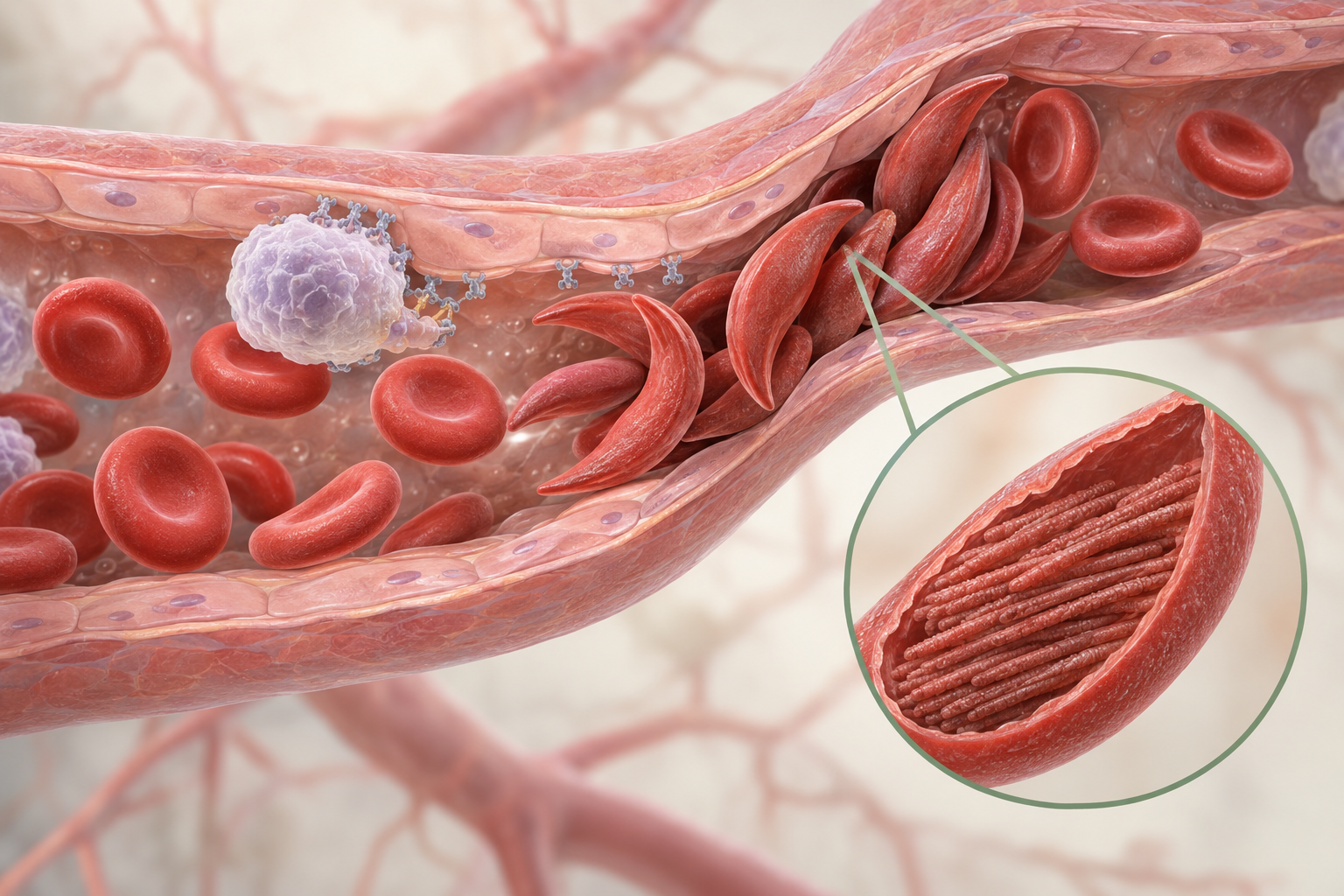 Illustration: När HbS avger syre kan hemoglobinet bilda styva strukturer som förändrar blodkroppens form. Sickleceller kan tillsammans med inflammation och andra blodceller bidra till att blodflödet blockeras.