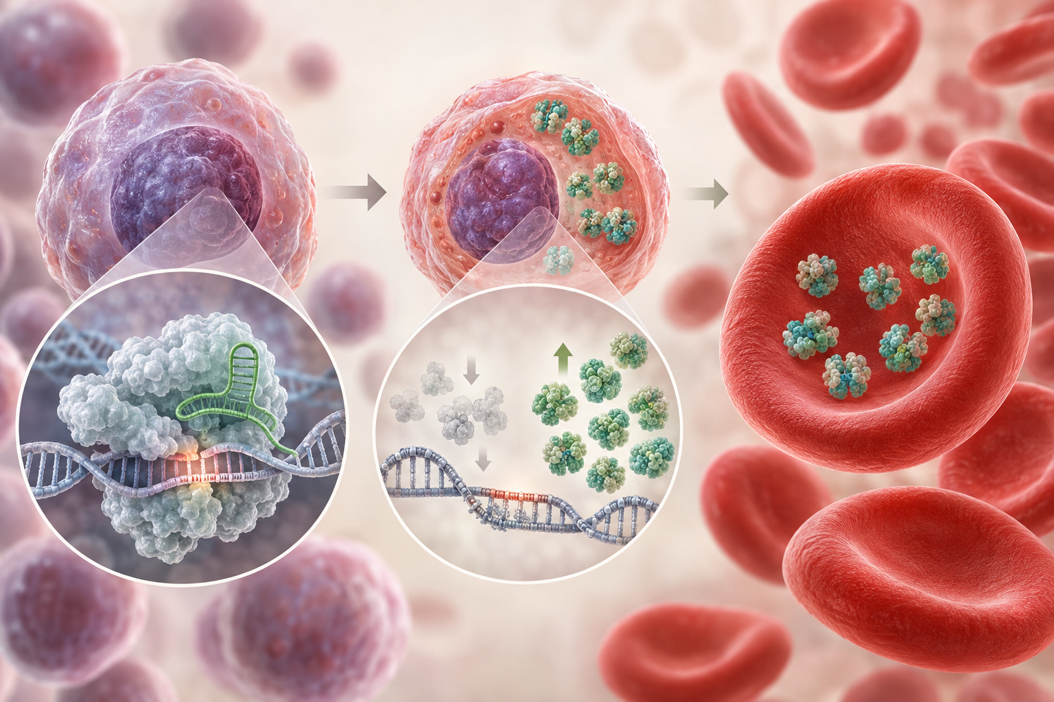 Illustration: Casgevy redigerar ett reglerande DNA-avsnitt som påverkar BCL11A i den röda blodcellslinjen. Det ökar produktionen av fetalt hemoglobin utan att direkt reparera den sjukdomsorsakande varianten i betaglobingenen.