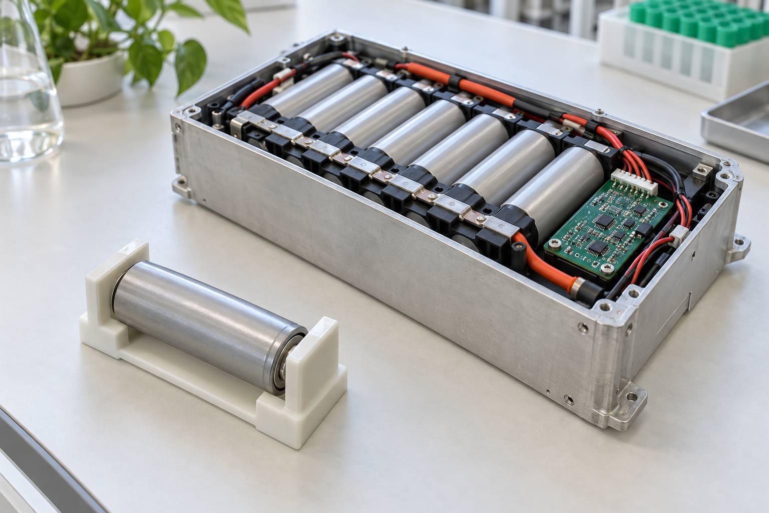 En cell är bara en del av ett batteripaket. Förbindningar, skydd, styrning och hölje tillför vikt, vilket gör paketets energi per kilogram lägre än cellernas. Illustration.