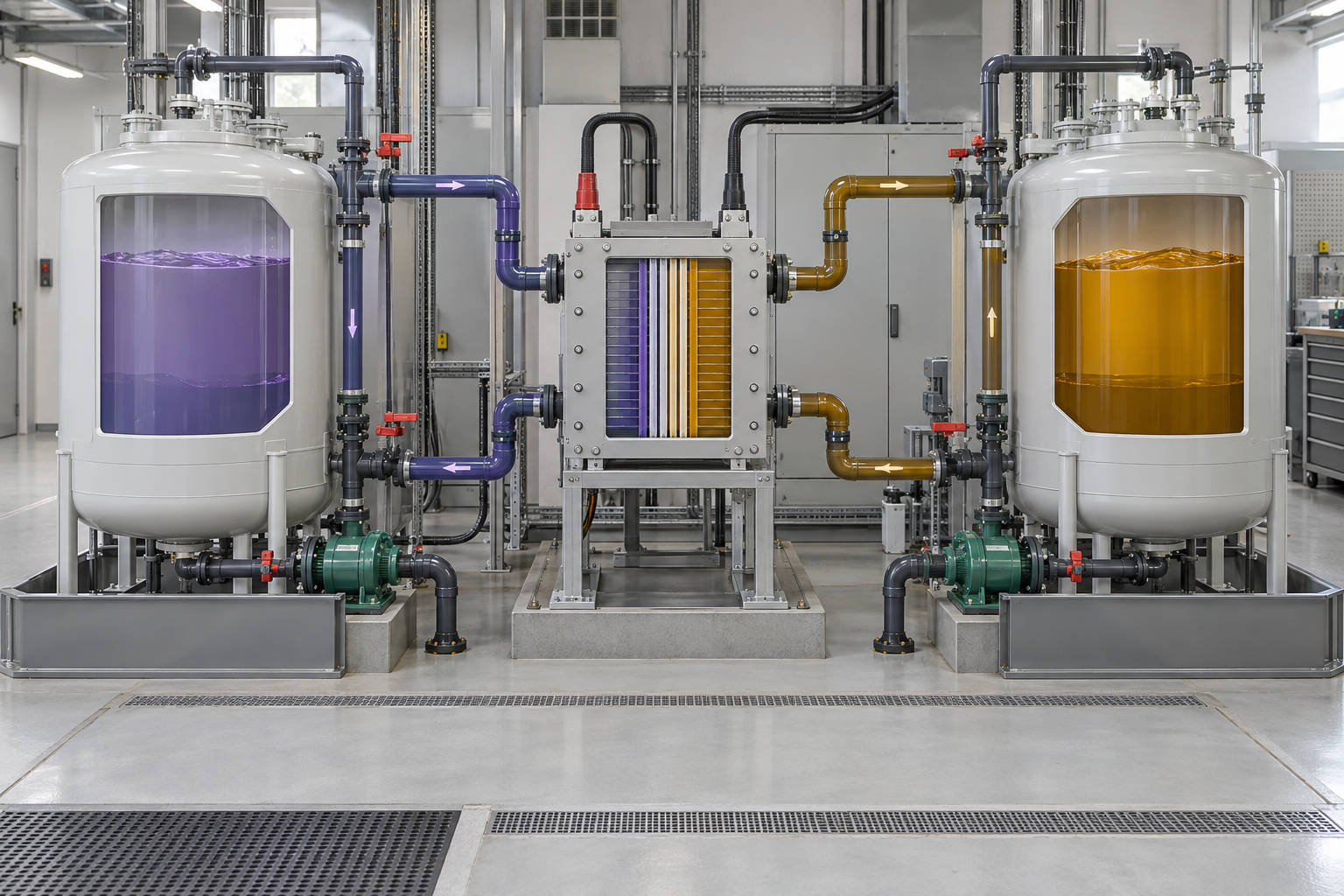 I ett flödesbatteri pumpas elektrolyter från separata tankar genom en cellstack. Tankarnas volym påverkar energimängden, medan cellstackens storlek påverkar effekten. Teknisk illustration.