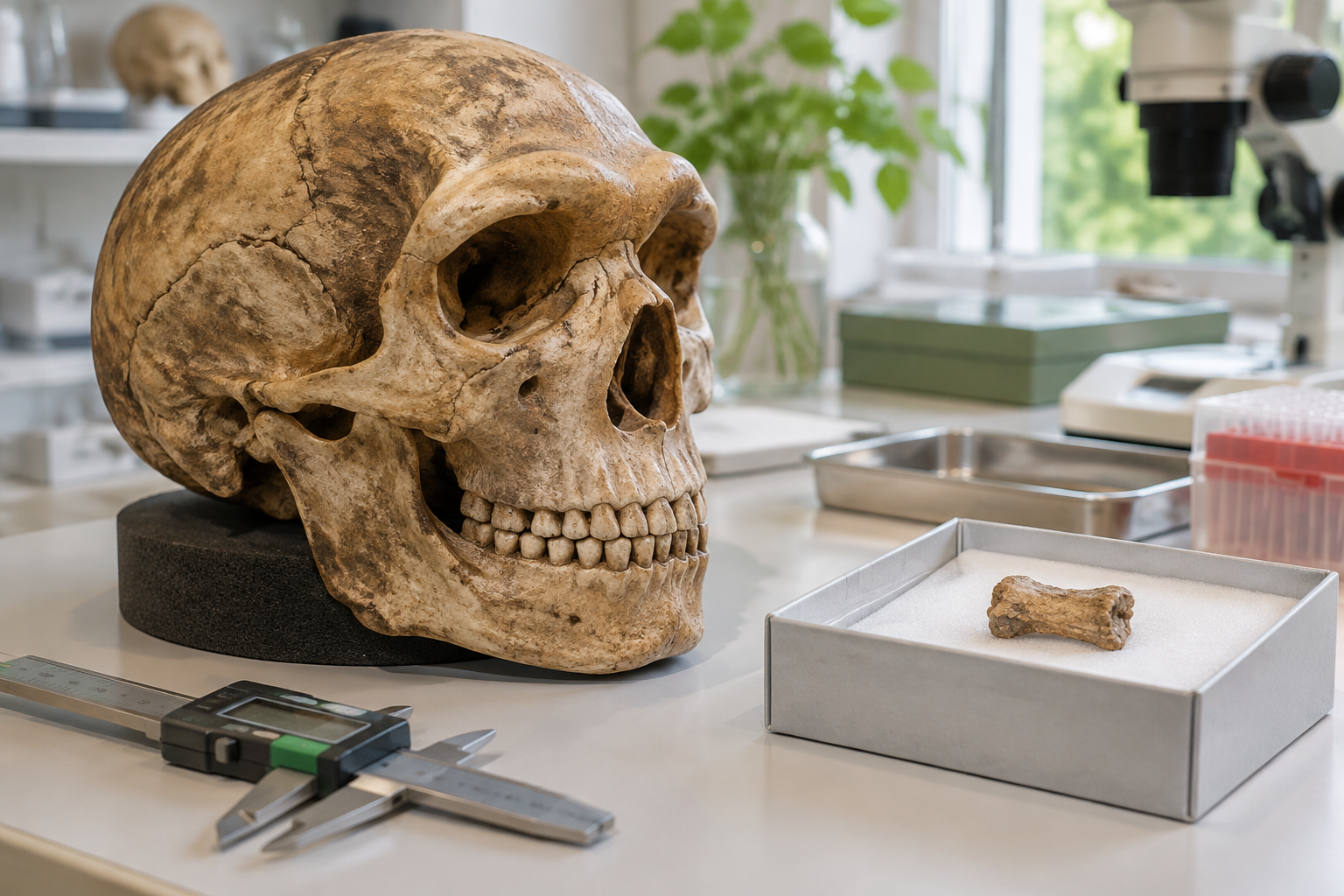 Fossilens form ger kunskap om anatomi, men kan inte ensam avgöra om neandertalare och Homo sapiens fick gemensamma efterkommande. DNA från små benfragment öppnade en annan väg till släktskapet. Illustration.
