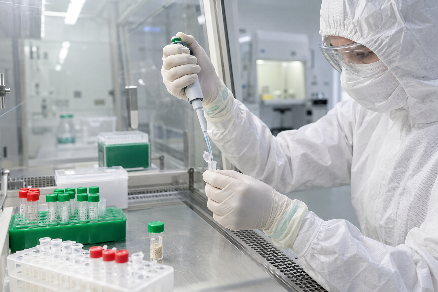 I laboratorier för antikt DNA minskar skyddskläder, separerade arbetsflöden och kontrollprover risken för föroreningar. Sekvensernas längd och kemiska skademönster hjälper sedan forskarna att bedöma om DNA:t verkligen är gammalt. Illustration.