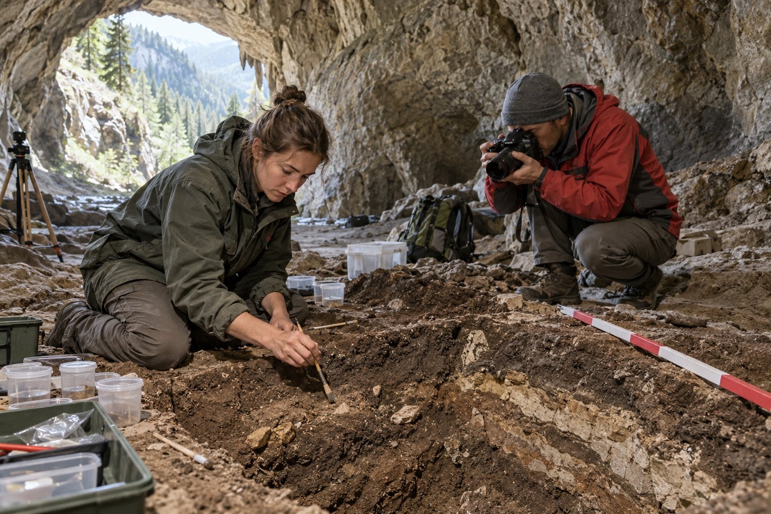 Ett fingerbensfragment från Denisovagrottan gav DNA som avslöjade en tidigare okänd människogrupp. Ett annat benfragment från grottan visade senare att en flicka hade en neandertalmor och en denisovafar. Illustration av arkeologiskt arbete i grottmiljö.