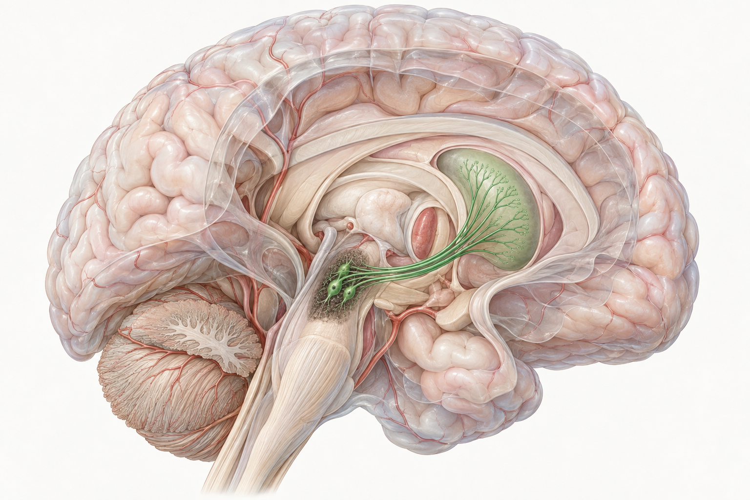 Dopaminproducerande nervceller i substantia nigra skickar utskott till striatum, där putamen ingår. Förlusten av dessa celler rubbar signaleringen i hjärnans rörelsekretsar. Illustration.