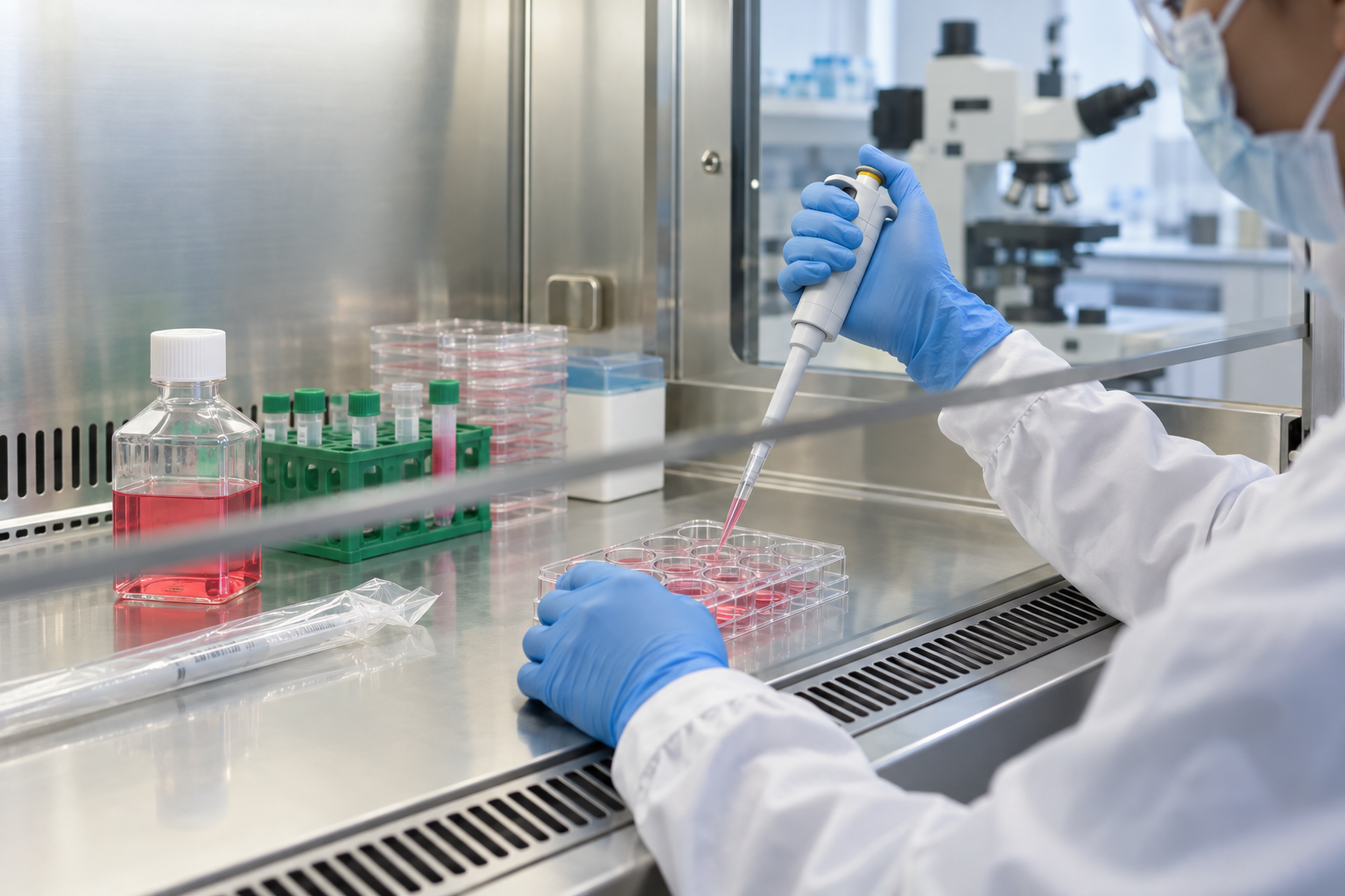 Nervcellsförstadiernas utveckling styrs med noggrant tidsatta signaler i odlingen. Före transplantation behöver bland annat identitet, renhet och livskraft kontrolleras. Illustrerad laboratoriescen.