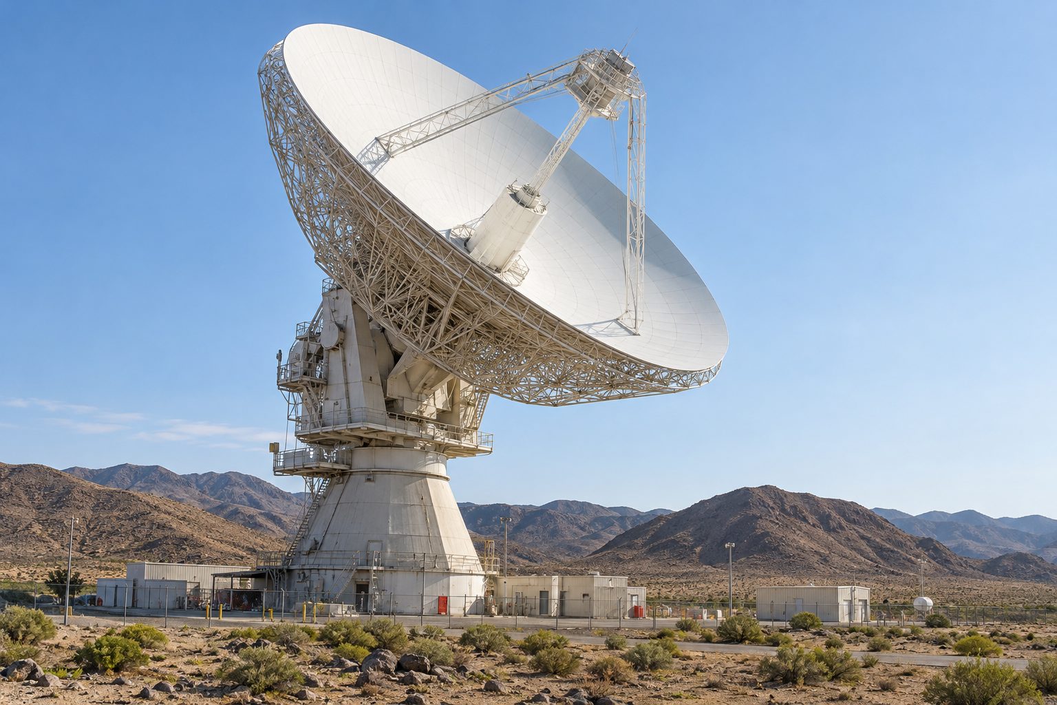 En 70 meter stor markantenn samlar in en mycket liten del av rymdsondens utsända radioenergi. Illustration av Deep Space Networks antenn vid Goldstone i Kalifornien.