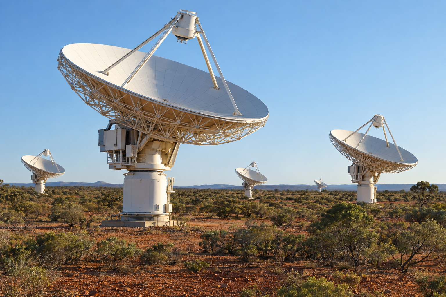 Med ASKAP upptäcktes radioblixten FRB 20220610A, vars strålning hade färdats i omkring åtta miljarder år. Illustration av det australiska teleskopsystemet.