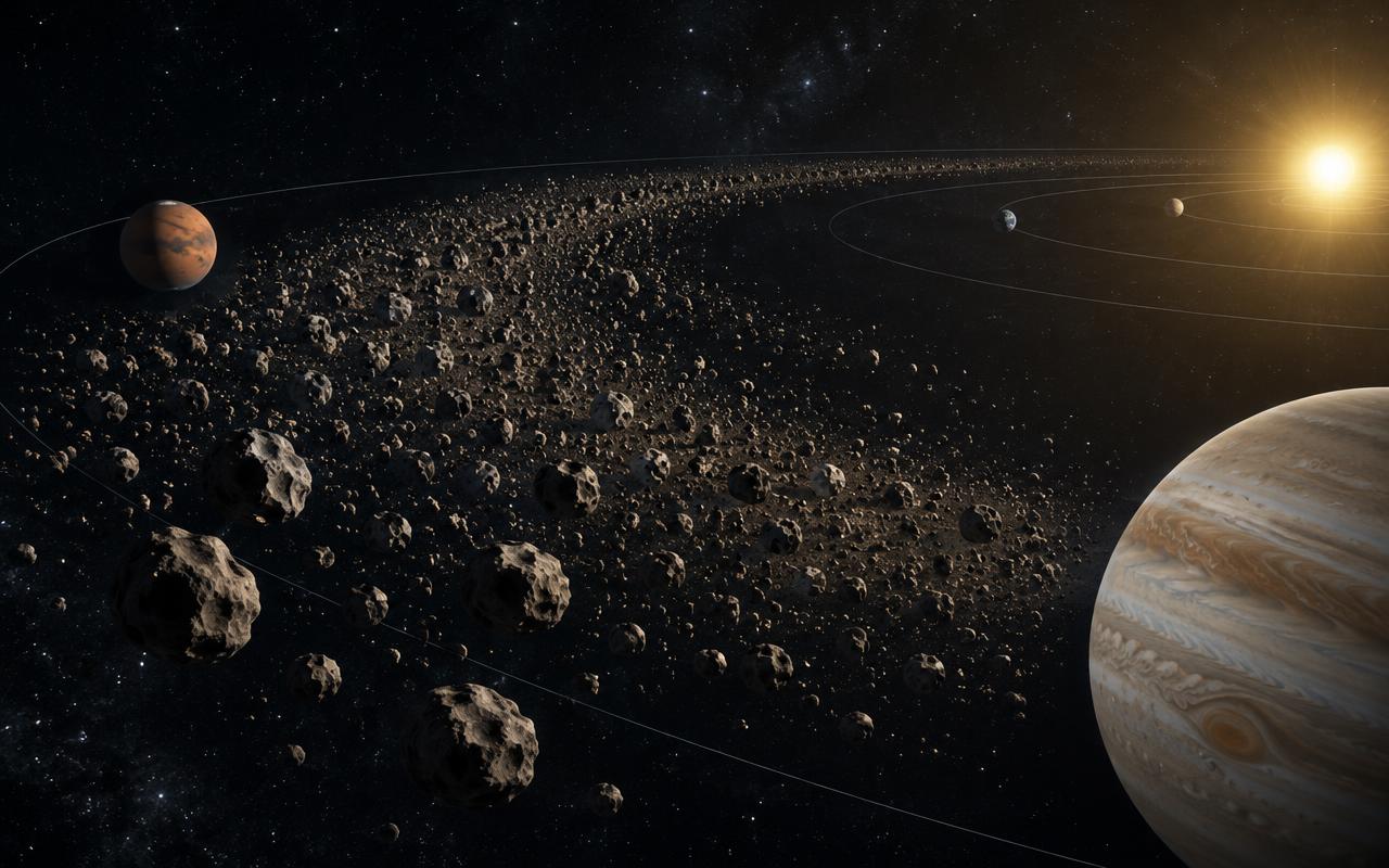 Illustration av asteroidbältet mellan Mars och Jupiter. Rubin-observatoriet förväntas kartlägga miljontals tidigare okända himlakroppar i solsystemet. Illustration.