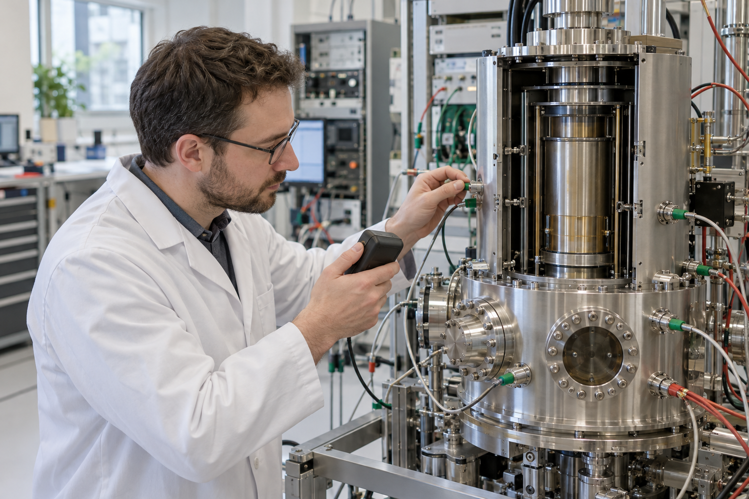 Magnetiska skärmar och temperaturmätningar hjälper forskarna att bestämma hur omgivningen förskjuter atomernas resonansfrekvens. Illustrerad laboratoriescen: även mycket små störningar måste ingå i klockans osäkerhetsbudget.