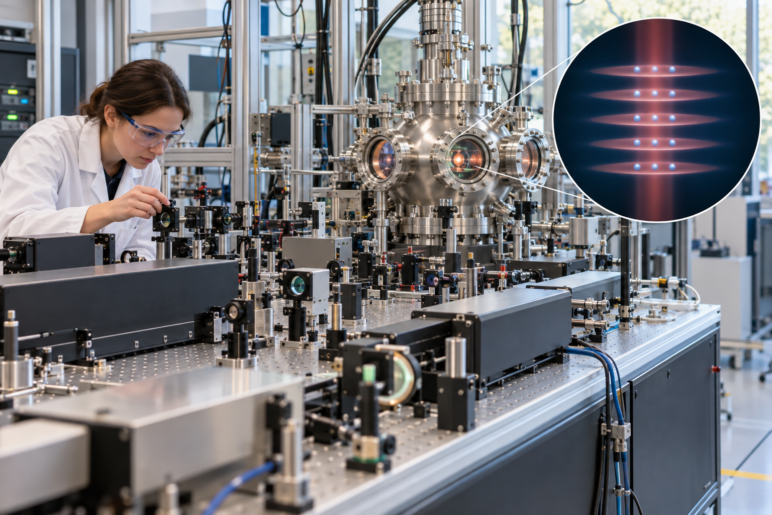I ett optiskt gitterur hålls exempelvis strontiumatomer kvar av laserljus medan en annan laser prövar klockövergången. Illustrationen visar laboratoriet och en schematisk förstoring av gittrets fångstplatser.