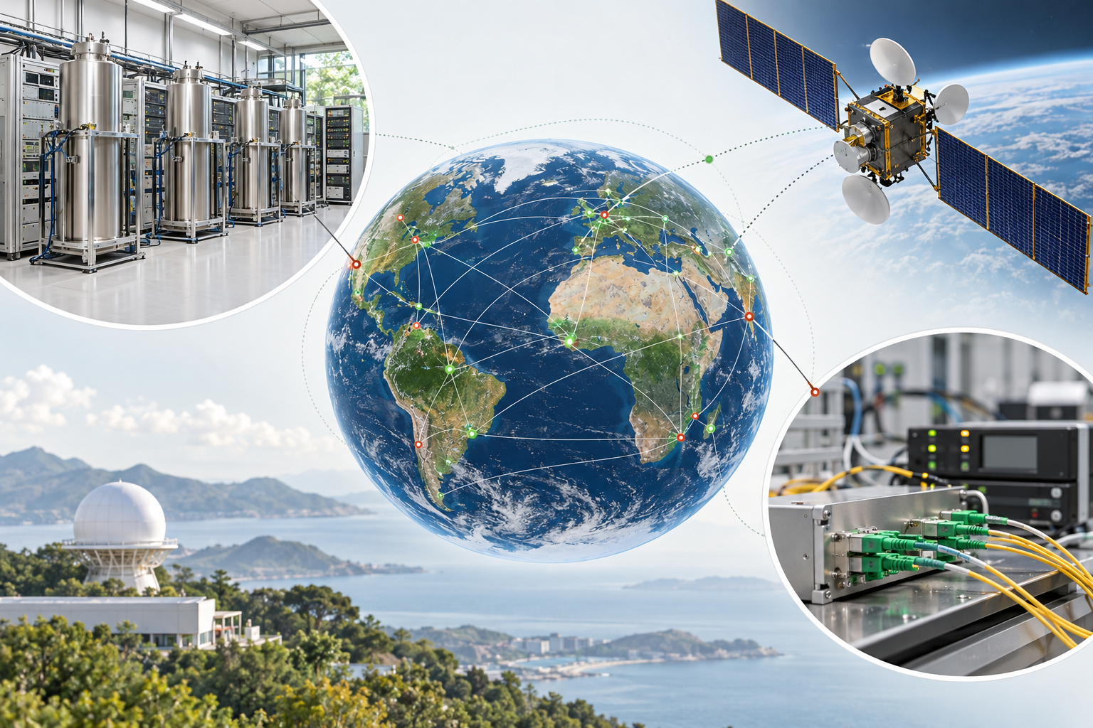 Internationell atomtid beräknas med mätdata från många laboratoriers klockor, medan frekvensnormaler kalibrerar takten mot SI-sekunden. Illustrationen visar nätverkets princip och förbindelser där signalernas fördröjning måste bestämmas noggrant.