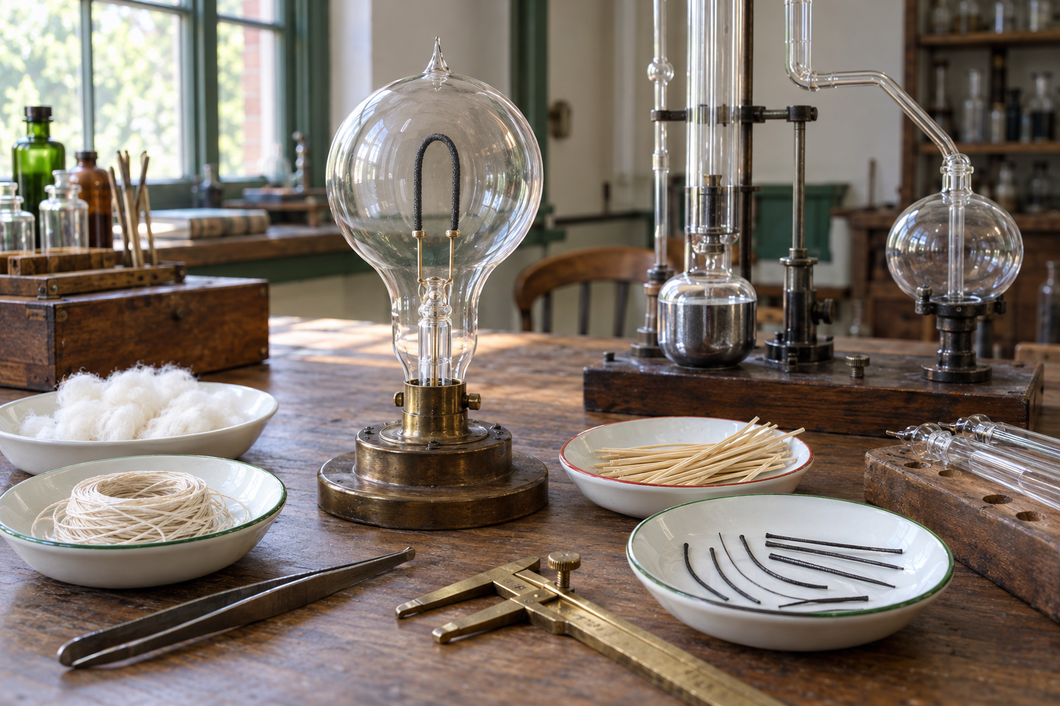 En användbar koltrådslampa krävde både rätt material, täta glasgenomföringar och tillräckligt gott vakuum. Illustrationen sammanför materialprov och utrustning från utvecklingsarbetets olika steg.