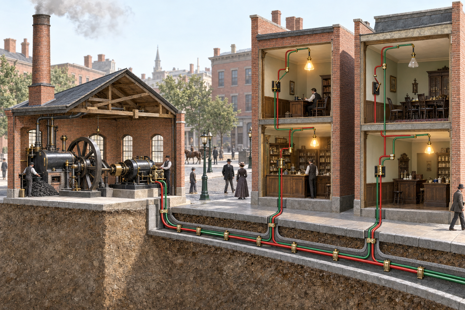 Pearl Street förenade kraftproduktion, underjordiska ledningar och lampor som kunde tändas oberoende av varandra. Illustrationen visar systemprincipen med parallellkoppling, inte stationens exakta utformning eller 1882 års ledningsdragning.