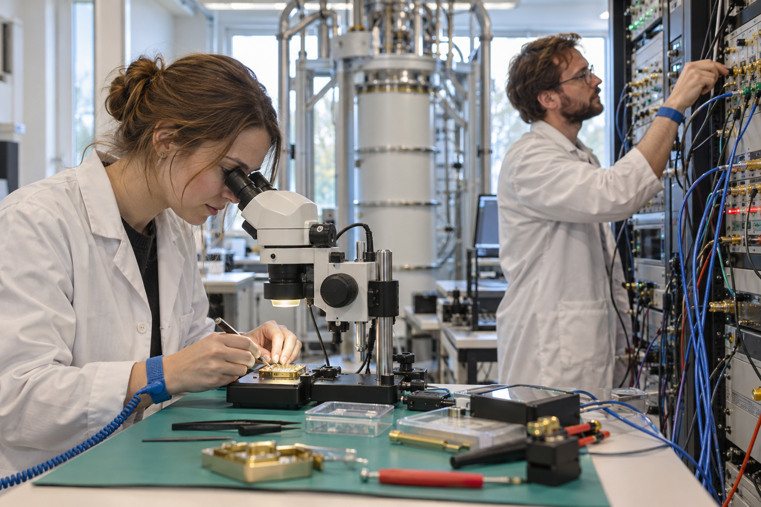 Illustrerad laboratoriescen, inte ett dokumentärt foto från Chalmers. Inom WACQT byggs kompetens kring bland annat tillverkning, mikrovågsstyrning och avläsning – delar som måste fungera tillsammans för att en kvantprocessor ska bli tillförlitlig.